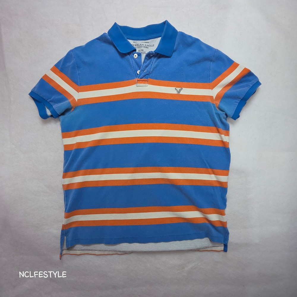 American Eagle Mens Striped Polo Shirt Blue Orange XL Athletic Fit vintage 02/12
